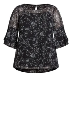Avenue Black Floral Flare Sleeve Blouse -Bold Fit Store 215474BLKSTENCILFLORAL 5