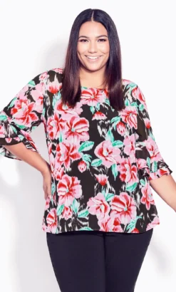 Avenue Black Floral Print Frill Sleeve Blouse