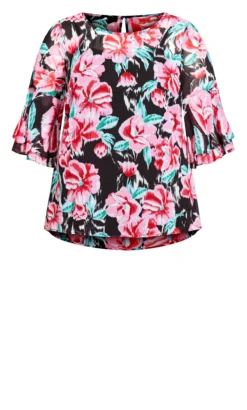 Avenue Black Floral Print Frill Sleeve Blouse -Bold Fit Store 215474BLURREDFLORAL 5