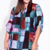 Avenue Purple & Blue Square Patchwork Print Zip Neck Shirt