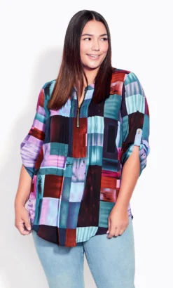 Avenue Purple & Blue Square Patchwork Print Zip Neck Shirt