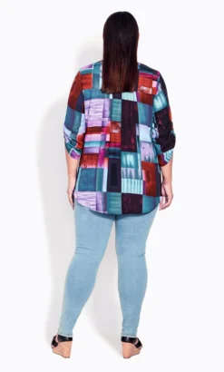 Avenue Purple & Blue Square Patchwork Print Zip Neck Shirt -Bold Fit Store 215630MULTIBLOCK 4