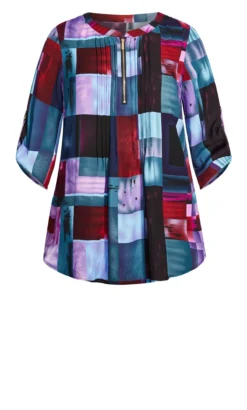 Avenue Purple & Blue Square Patchwork Print Zip Neck Shirt -Bold Fit Store 215630MULTIBLOCK 5