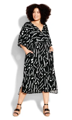 City Chic Loralette Black & White Abstract Print Midi Dress