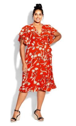 City Chic Red Floral Frill Hem Wrap Dress