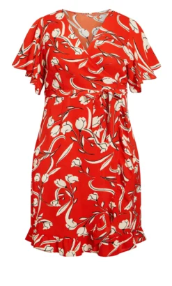 City Chic Red Floral Frill Hem Wrap Dress -Bold Fit Store 215893ORIGAMIFLOWER 3