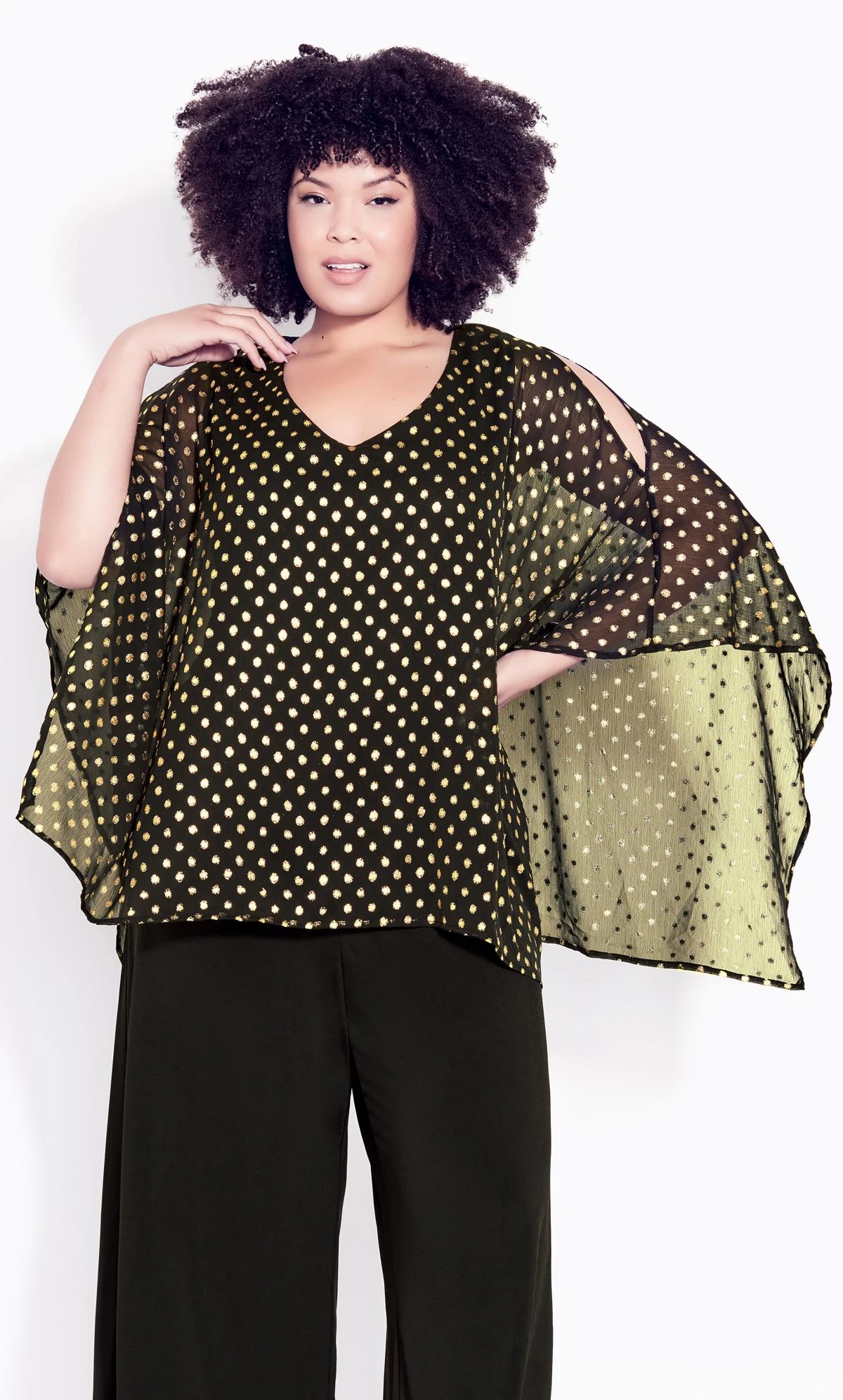 Avenue Black & Gold Polka Dot Cape Sleeve Blouse 2 Avenue Black & Gold Polka Dot Cape Sleeve Blouse - Image 2