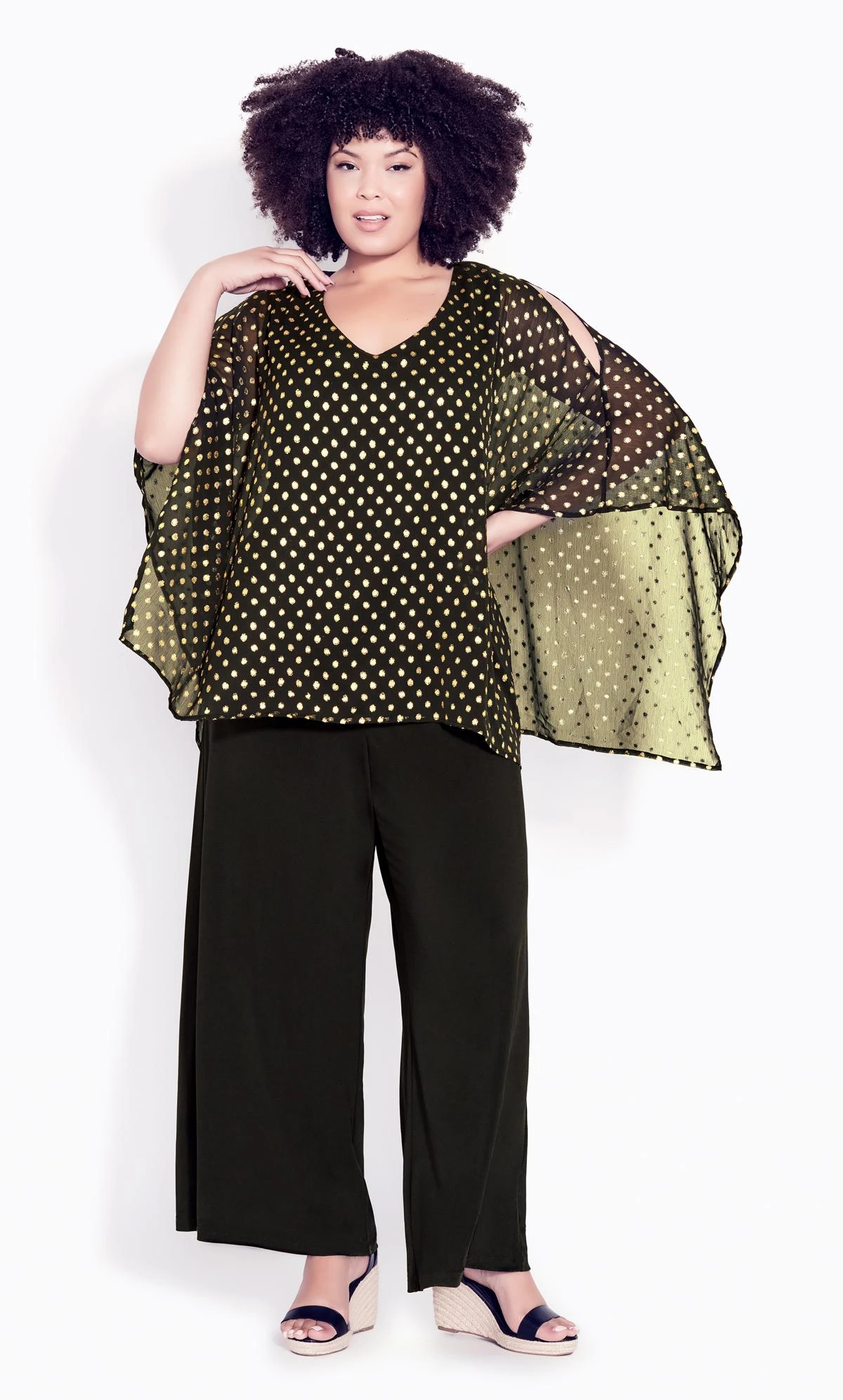 Avenue Black & Gold Polka Dot Cape Sleeve Blouse 1 Avenue Black & Gold Polka Dot Cape Sleeve Blouse