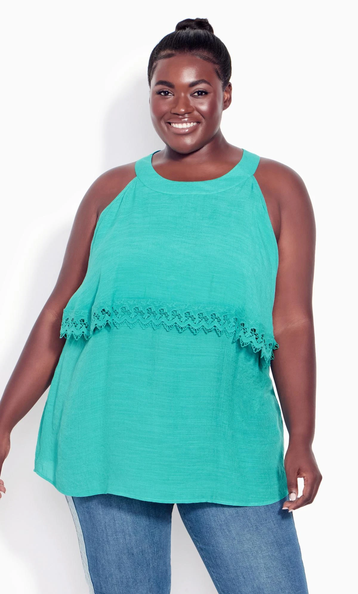 Avenue Teal Blue Crochet Trim Oversized Frill Vest Top 2 Avenue Teal Blue Crochet Trim Oversized Frill Vest Top - Image 2
