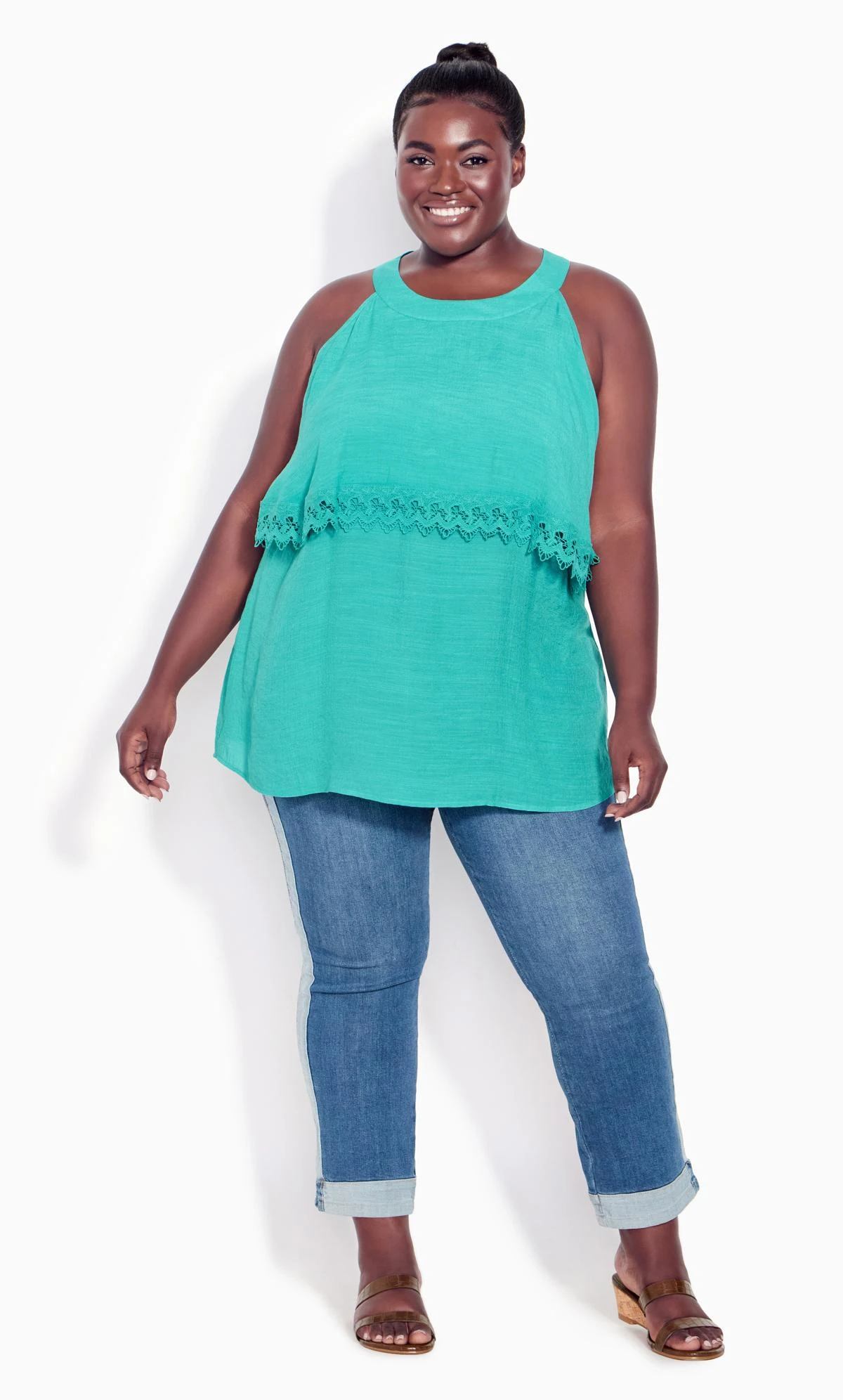 Avenue Teal Blue Crochet Trim Oversized Frill Vest Top 1 Avenue Teal Blue Crochet Trim Oversized Frill Vest Top