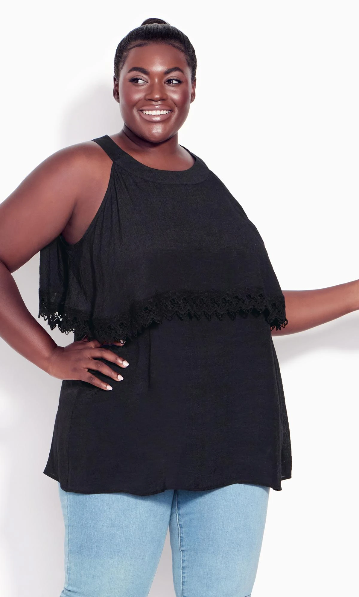 Avenue Black Crochet Trim Oversized Frill Vest Top 2 Avenue Black Crochet Trim Oversized Frill Vest Top - Image 2