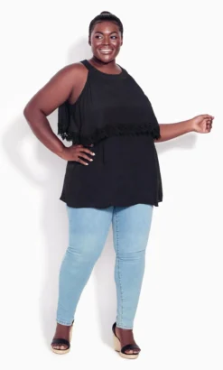 Avenue Black Crochet Trim Oversized Frill Vest Top