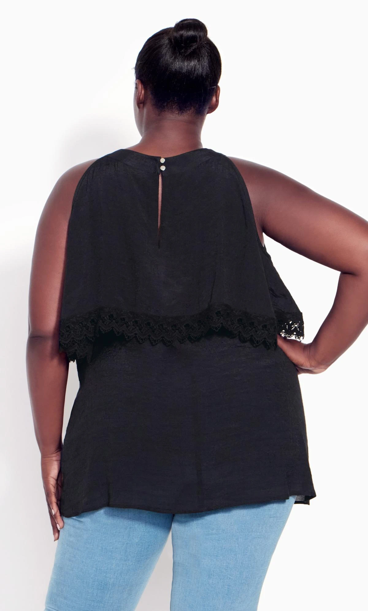 Avenue Black Crochet Trim Oversized Frill Vest Top 3 Avenue Black Crochet Trim Oversized Frill Vest Top - Image 3