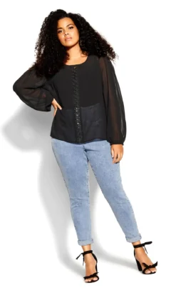 City Chic Black Puff Sleeve Lace Blouse