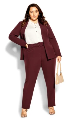 City Chic Burgandy Red Belted Straight Leg Trousers -Bold Fit Store 216117GARNET 2