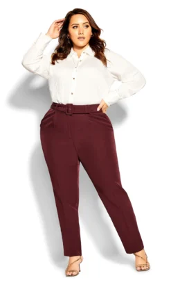 City Chic Burgandy Red Belted Straight Leg Trousers