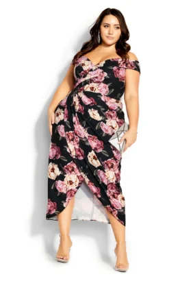 City Chic Black Floral Print Cold Shoulder Midi Dress