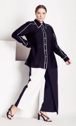 City Chic Refinity Black & White Piped Collar Shirt -Bold Fit Store 216233BLKIVORY 3