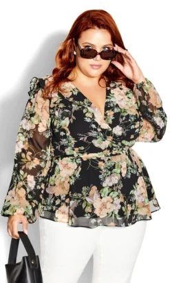 City Chic Black Floral Print Wrap & Ruffle Top