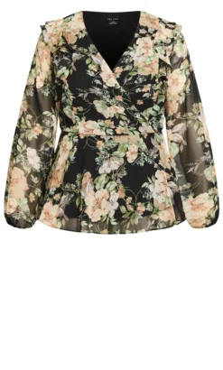 City Chic Black Floral Print Wrap & Ruffle Top -Bold Fit Store 216312VICTORIANFLORAL 5