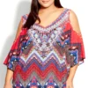 Avenue Red Printed Cold Shoulder Top