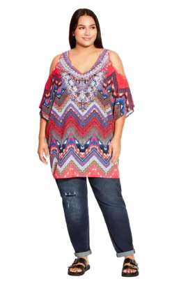 Avenue Red Printed Cold Shoulder Top -Bold Fit Store 216558TOMORROWSTRIBE 5