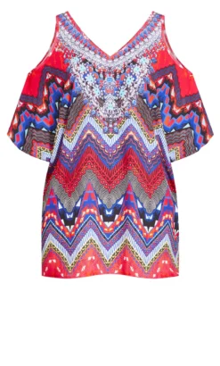 Avenue Red Printed Cold Shoulder Top -Bold Fit Store 216558TOMORROWSTRIBE 7