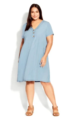 Avenue Light Blue Denim Button Shift Dress