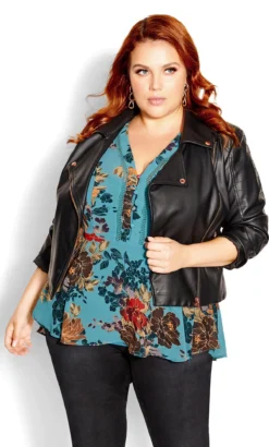 City Chic Blue Floral Chiffon Frill Sleeve Blouse