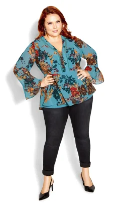 City Chic Blue Floral Chiffon Frill Sleeve Blouse -Bold Fit Store 217045PEACOCKFLTWIST 3