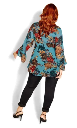 City Chic Blue Floral Chiffon Frill Sleeve Blouse -Bold Fit Store 217045PEACOCKFLTWIST 4