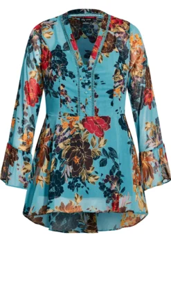 City Chic Blue Floral Chiffon Frill Sleeve Blouse -Bold Fit Store 217045PEACOCKFLTWIST 5