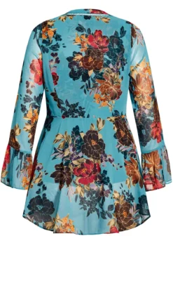 City Chic Blue Floral Chiffon Frill Sleeve Blouse -Bold Fit Store 217045PEACOCKFLTWIST 6