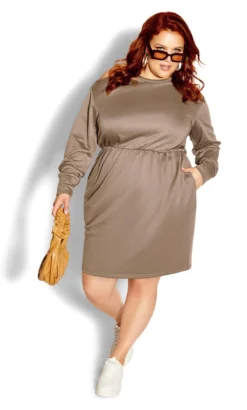 City Chic Brown Asymmetric Cold Shoulder Sweat Dress