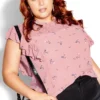 City Chic Pink Floral Frill Sleeve Top