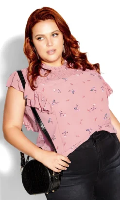 City Chic Pink Floral Frill Sleeve Top