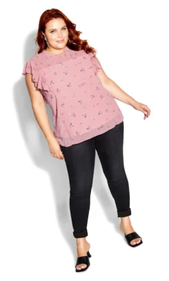 City Chic Pink Floral Frill Sleeve Top -Bold Fit Store 217519BLUSHBLUSHINGPETAL 3