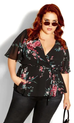 City Chic Black Floral Print Chiffon Wrap Top