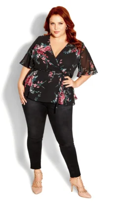 City Chic Black Floral Print Chiffon Wrap Top -Bold Fit Store 217584BLKWHIMSICALFL 3