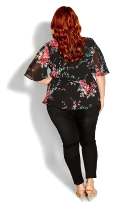 City Chic Black Floral Print Chiffon Wrap Top -Bold Fit Store 217584BLKWHIMSICALFL 4