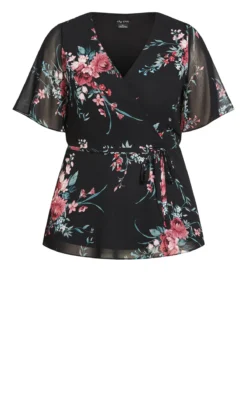 City Chic Black Floral Print Chiffon Wrap Top -Bold Fit Store 217584BLKWHIMSICALFL 5
