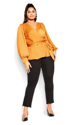 City Chic Orange Satin Long Sleeve Wrap Top -Bold Fit Store 217594HONEY 4