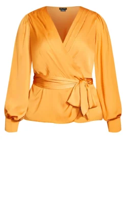 City Chic Orange Satin Long Sleeve Wrap Top -Bold Fit Store 217594HONEY 6
