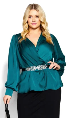 City Chic Teal Green Satin Balloon Sleeve Wrap Top