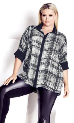 City Chic Ave Studio Black Check Print Chiffon Shirt