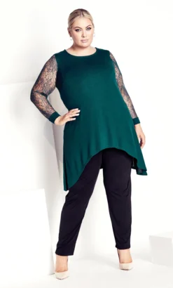 Avenue Green Lace Sleeve Hanky Hem Top