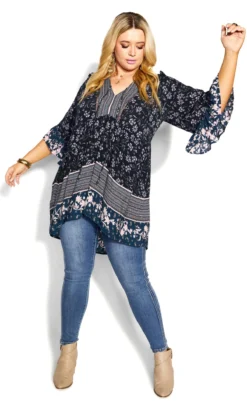 Avenue Black Floral Print Ruffel Sleeve Detail Swing Top