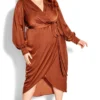 City Chic Rust Orange Satin Midi Wrap Dress
