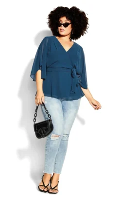 City Chic Blue Chiffon Tie Waist Wrap Top