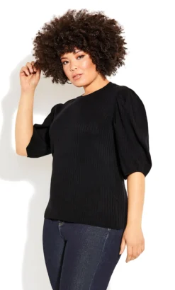 City Chic Black Ribbed Puff Sleeve Top